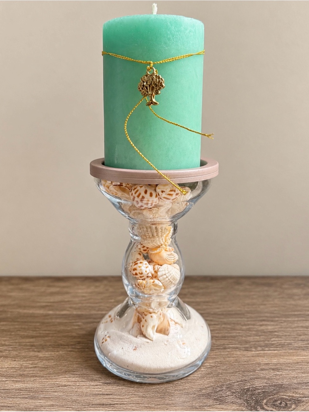 Glass Pillar Candle Holder | SeaShells & Sand | Seafoam Green Candle
